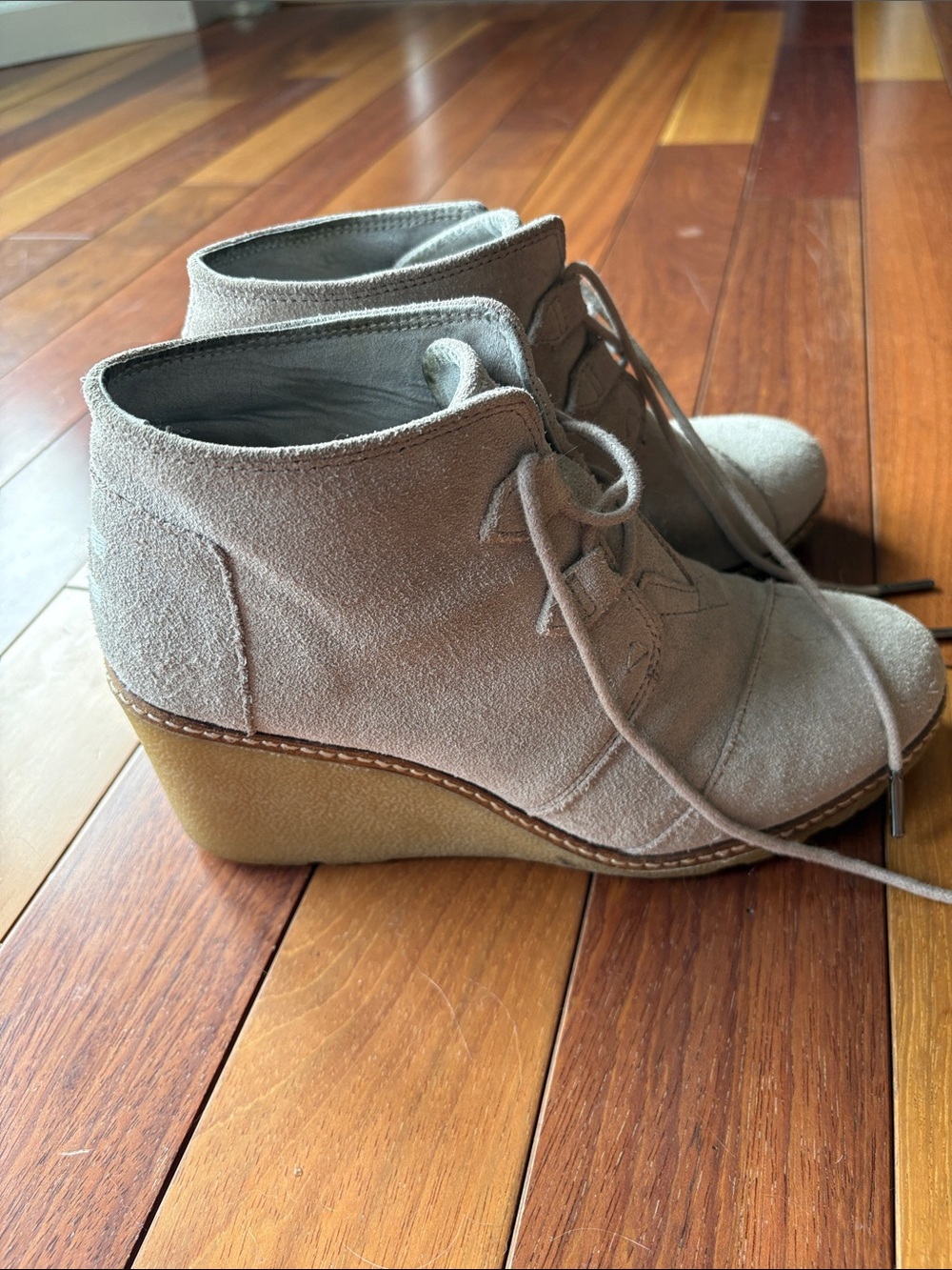 Toms Taupe Suede Lace-Up Wedge Booties